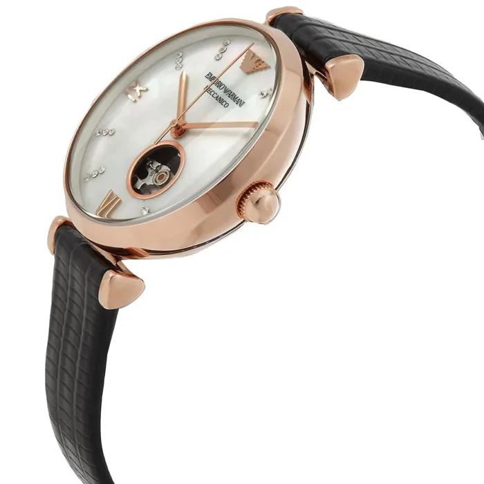 Emporio Armani Gianni T Bar Mother of Pearl White Dial Black Leather Strap Watch For Women - AR60047 - Image 3